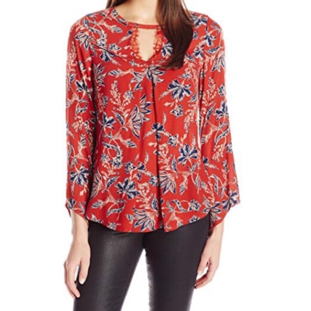 Democracy Rust & Navy Floral Keyhole Blouse
